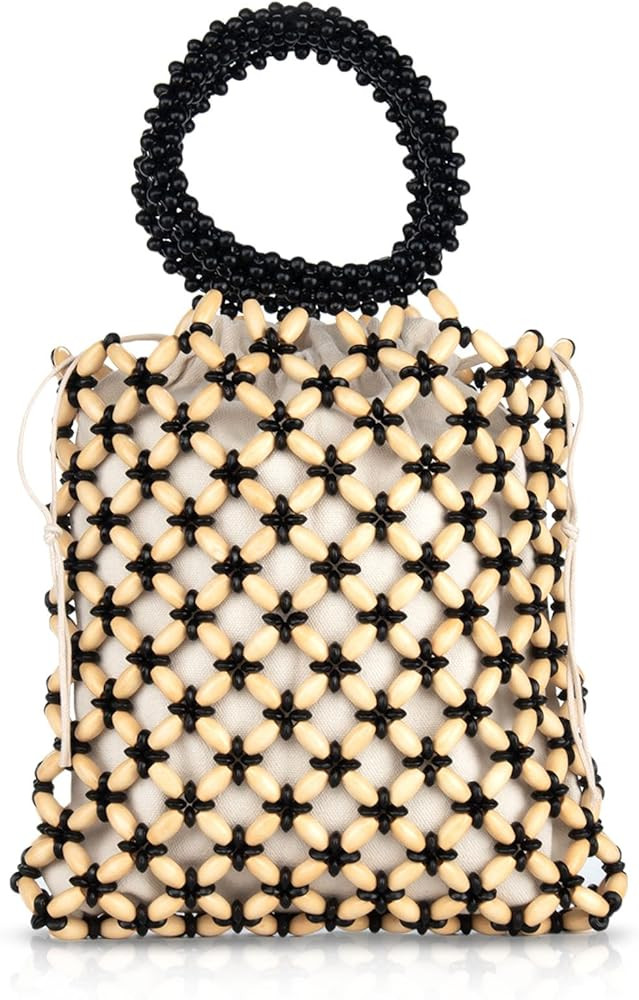 YYW Unique Handmade Wooden Bead Tote Bag for Women, Small Handwoven Clutch Purses Woven Bucket Ha... | Amazon (US)