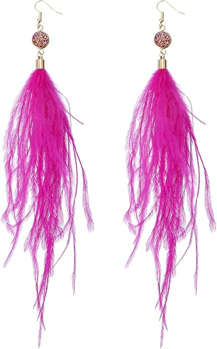 Long Feather Earrings for Women, Bohemian Elegant Delicate Faux Druzy Charms Dangle Earrings | Amazon (US)