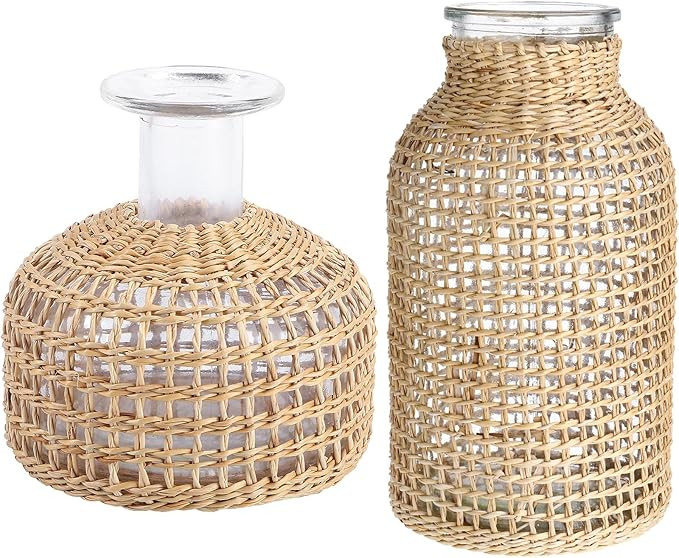 DOITOOL Glass Flower Vase with Rattan Cover, Farmhouse Flower Bud Vase, Round Decorative Flower V... | Amazon (CA)