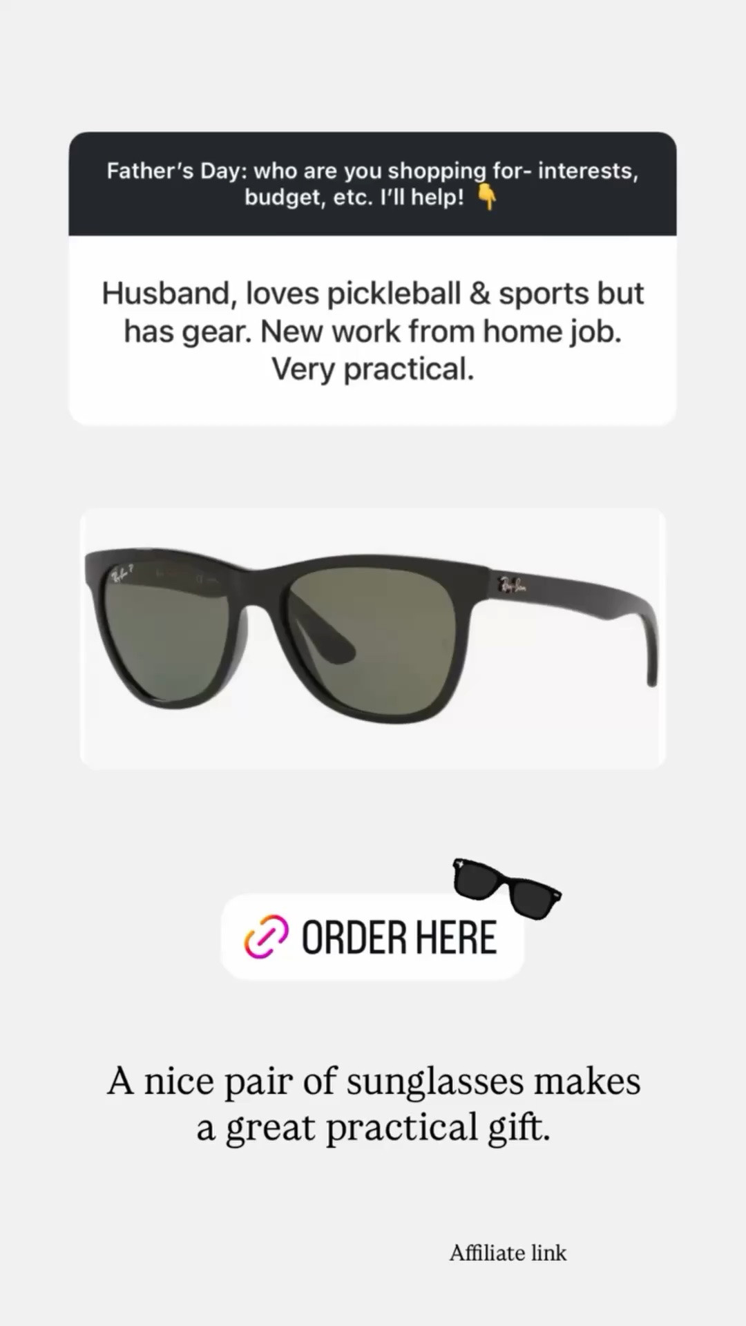 Father’s Day gift idea: A nice pair of sunglasses makes a great practical gift. 

#fathersday #giftidea

#LTKMens #LTKSaleAlert #LTKBeauty