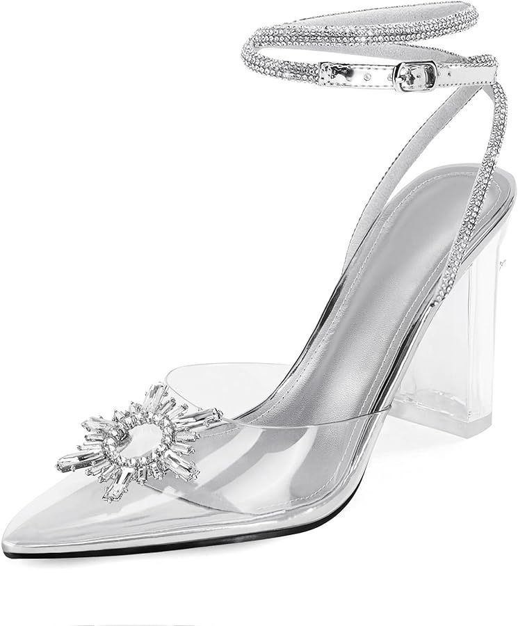 Coutgo Womens Rhinestone Clear Heels Crystal Pointed Toe Chunky High Heel Strappy Sandals Wedding... | Amazon (US)