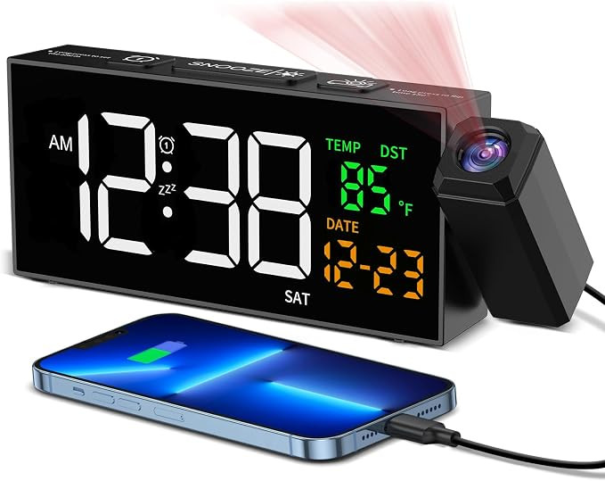 Projection Clock for Bedroom Ceiling, Alarm Clocks Black | 180° Rotatable Projector, Date Temper... | Amazon (US)