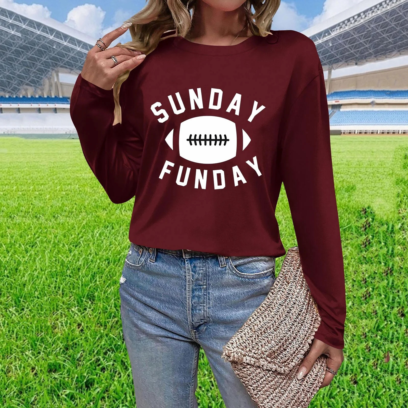 Fznquz Game Day Ladies Blouse Red Long Sleeve Casual Tops Sunday Funday Football Graphic Tunic Wo... | Walmart (US)