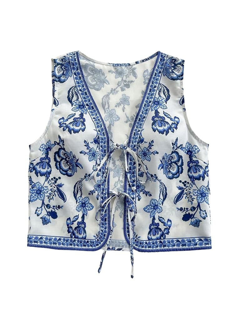 Verdusa Women's Vintage Floral Print Bow Tie Cowgirl Vest V Neck Sleeveless Jacket Outerwear | Amazon (US)