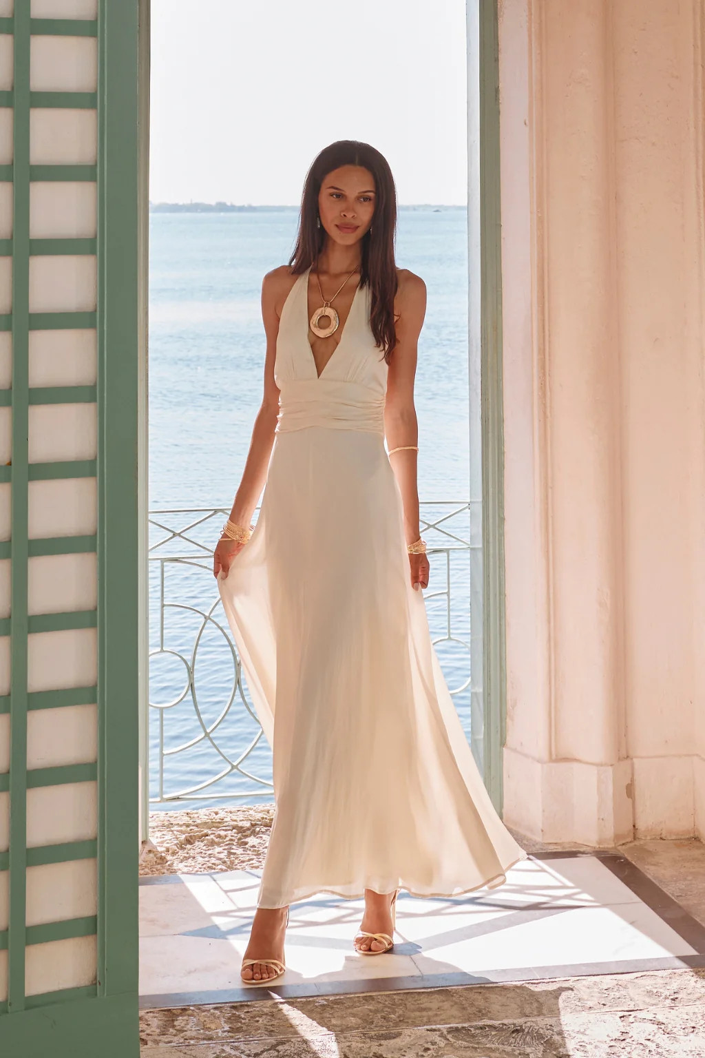 Inez Cream Satin Maxi Dress L | 12th Tribe