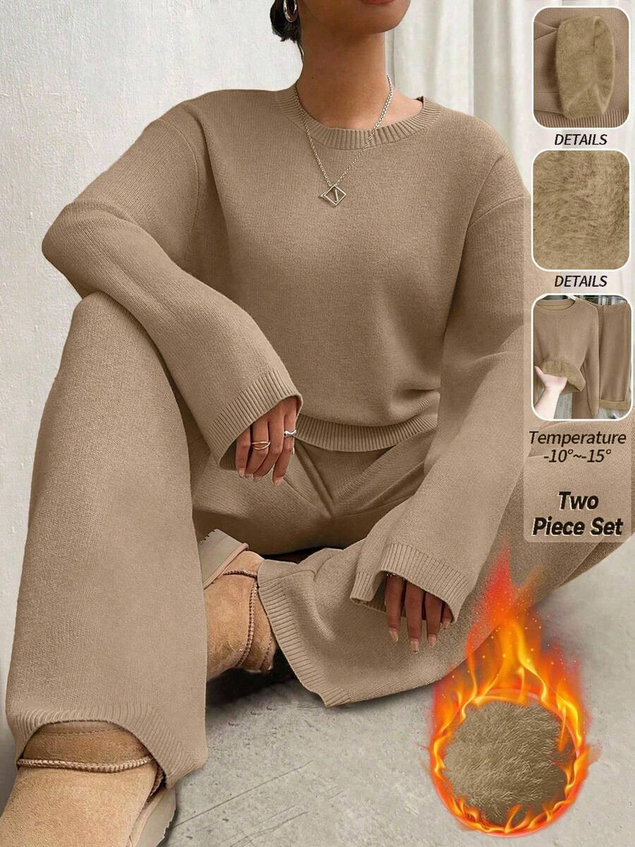 EMERY ROSE New Fashion Autumn/Winter Round Neck Fluffy Loose Casual Slouchy Knitted Wide Leg Pant... | SHEIN