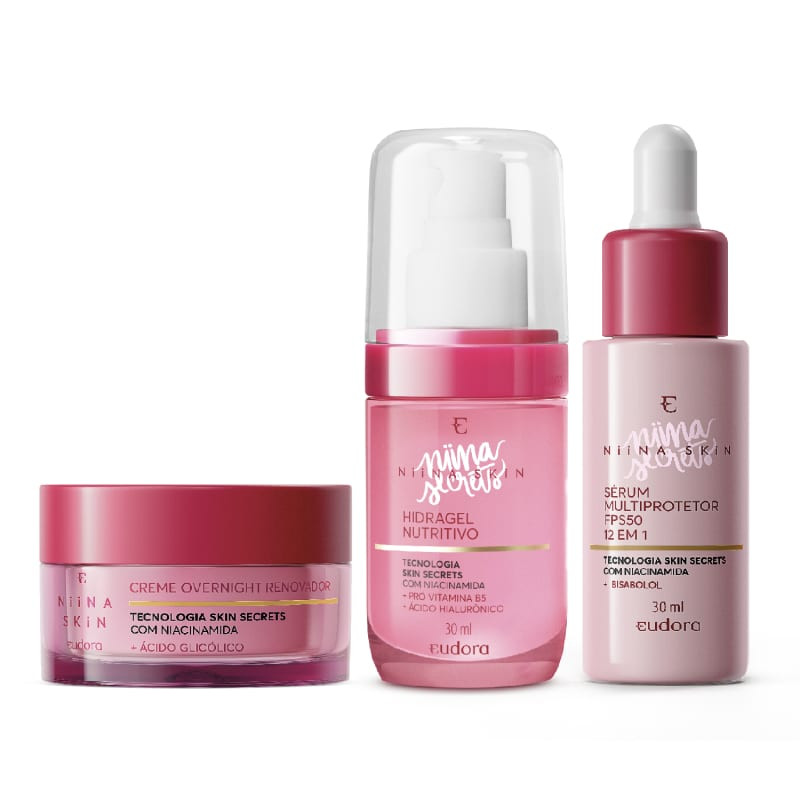 Combo Niina Skin: Hidragel Nutritivo 30ml + Sérum Facial 30ml + Creme Overnight 45g | Eudora (BR)