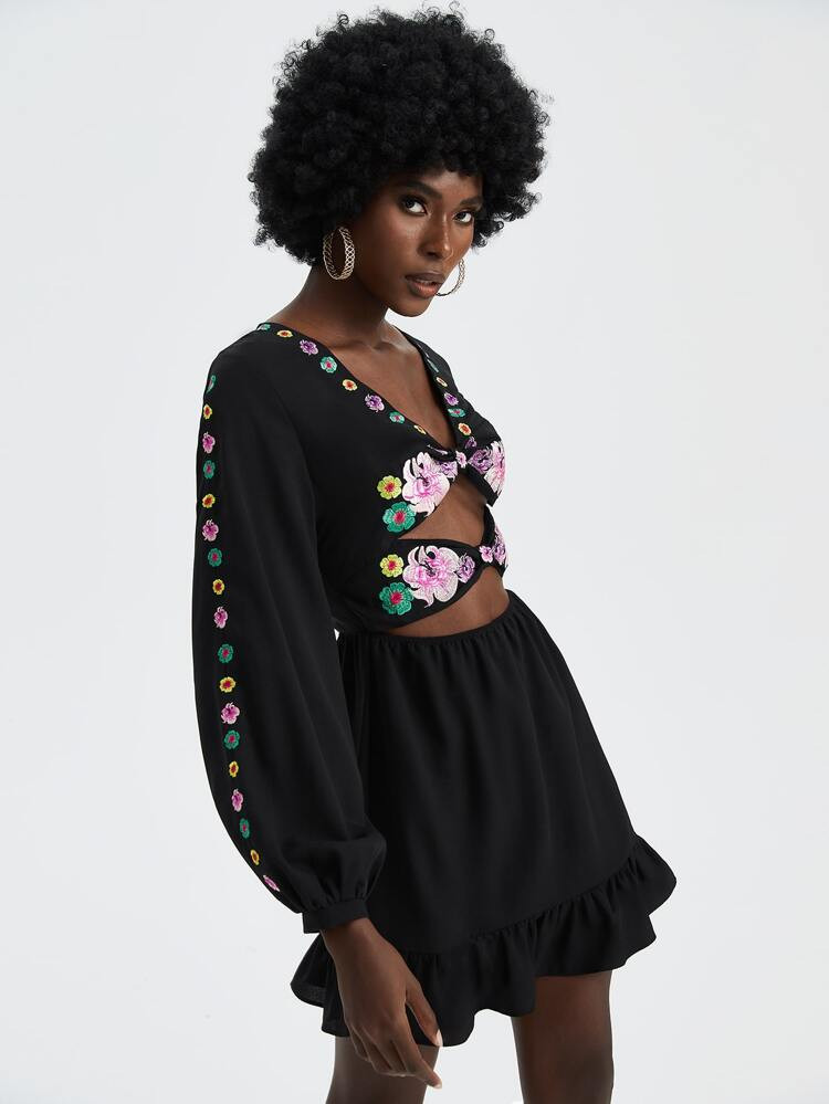 SHEIN X RUNWAY SHERO Floral Embroidery Knot Front Cut Out Ruffle Hem Dress | SHEIN