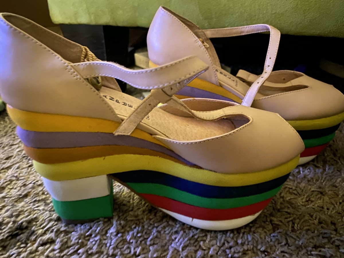 RARE Jeffrey Campbell \u201cSalvatore\u201d peep toe tan t-strap rainbow platform heels 7M | eBay | eBay US