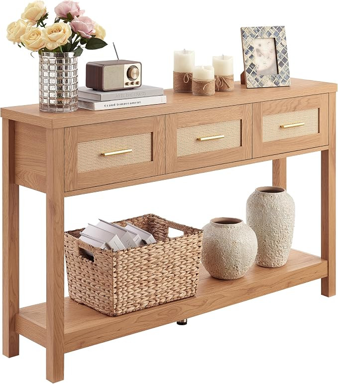 Console Table with Rattan 3 Drawers, Boho Entryway Table with Storage Shelf, Narrow Wood Sofa Tab... | Amazon (US)