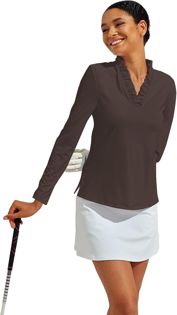 ACEGOLFS Womens Golf Polo Shirts Casual Ruffle V Neck Long Sleeve Tops for Women UPF 50+ Rash Gua... | Amazon (US)