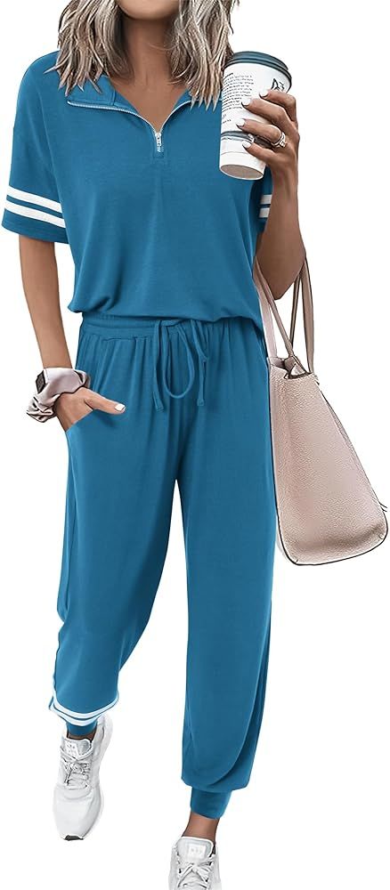 MASCOMODA 2 Piece Outfits for Women 2024 Summer Casual Quarter Zip Short Sleeve Tops Long Pants T... | Amazon (US)