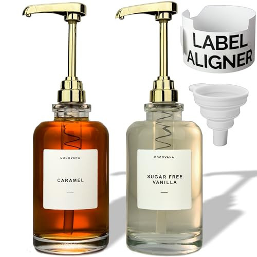 Cocovana Coffee Syrup Dispenser 500 ml, 102 Labels & Aligner, Large Coffee Syrup Pump for Coffee Bar, Coffee Sauce Dispenser, Glass Bottle Set of 2, Gold Kitchen Accessories Espresso Flavor Torani | Amazon (US)