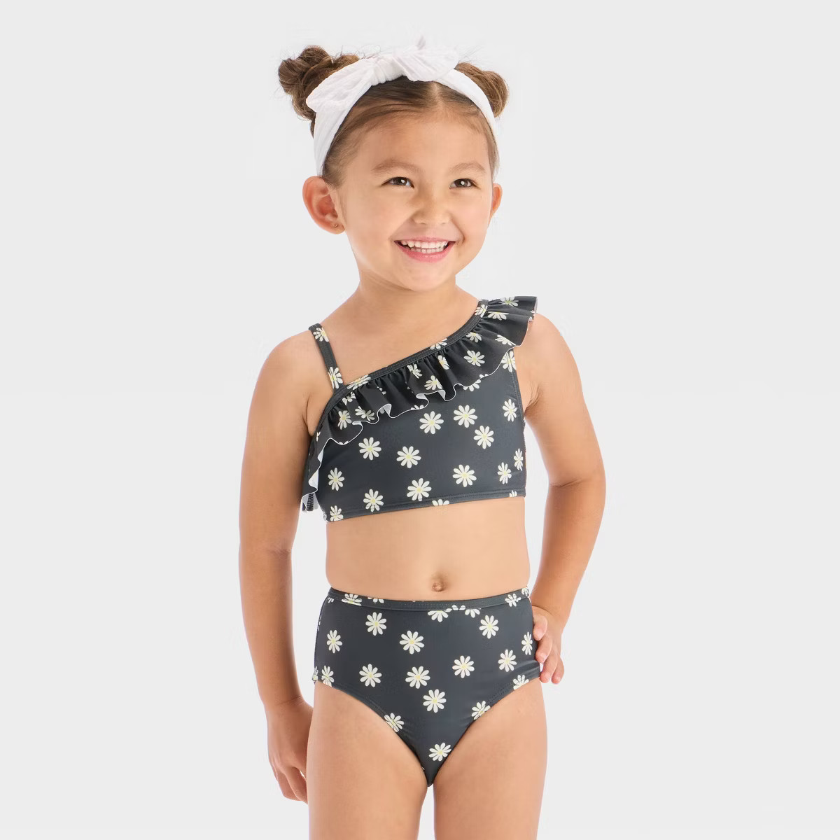 Toddler Girls' Floral Printed One Shoulder Ruffle Bikini Set - Cat & Jack™ Black | Target