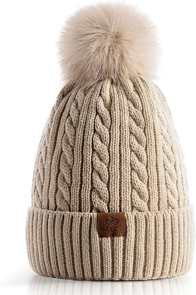 PAGE ONE Women Winter Pom Pom Beanie Hats Warm Fleece Lined,Chunky Trendy Cute Chenille Knit Twis... | Amazon (US)