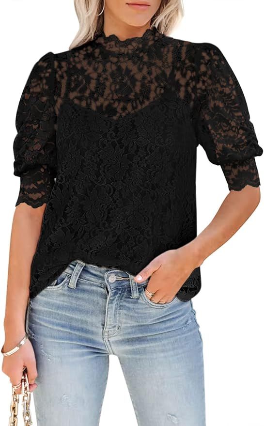 DOROSE Womens Lace Tops Dressy Casual Puff Short Sleeve Floral Summer Blouses Shirts | Amazon (US)