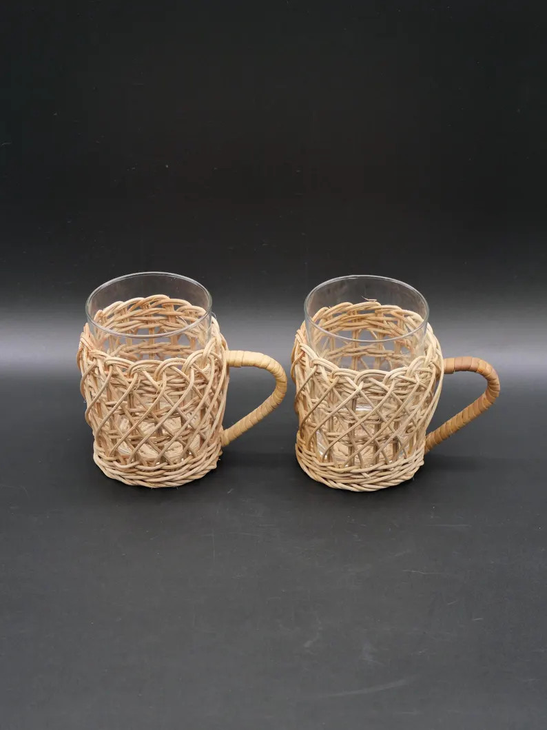 Vintage Duralex tea glasses in a wicker basket, boho style, 1970s, wicker, set of 2 | Etsy (Global)
