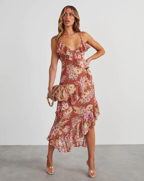 Safia Floral Ruffle Slip Midi Dress - Mauve/Rose | VICI