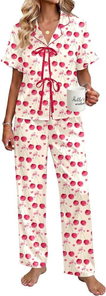 Ekouaer Silk Pajamas for Women 2 Piece Satin Pj Set Ruffle Tie Short Sleeve Sleepwear Comfy Loung... | Amazon (US)
