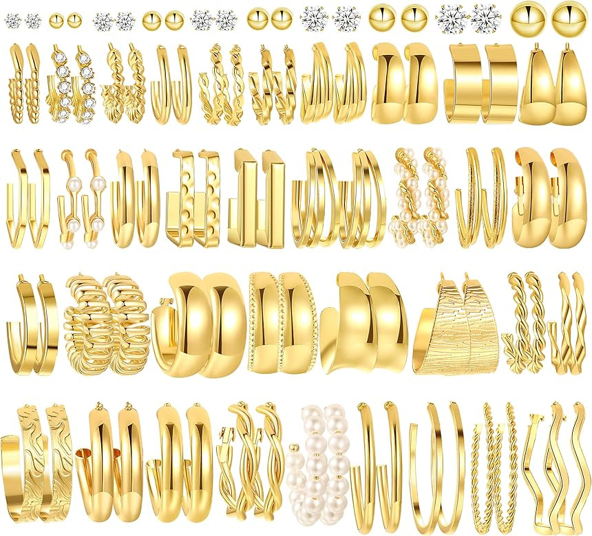 36 Pairs Gold Hoop Earrings Set for Women, Fashion Chunky Gold Hoop Earrings Multipack, Hypoaller... | Amazon (US)