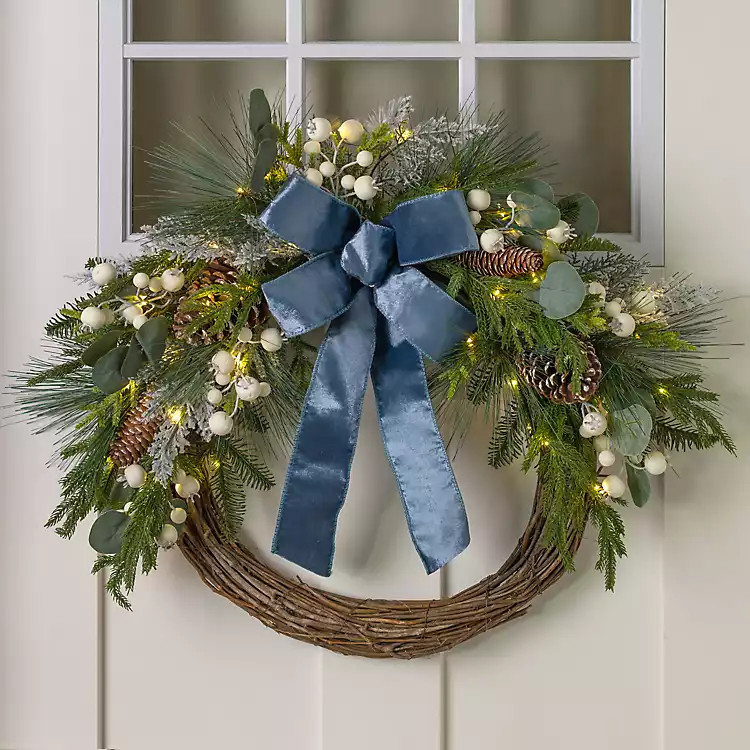 Pre-Lit White Berry Blue Velvet Bow Wreath | Kirklands
