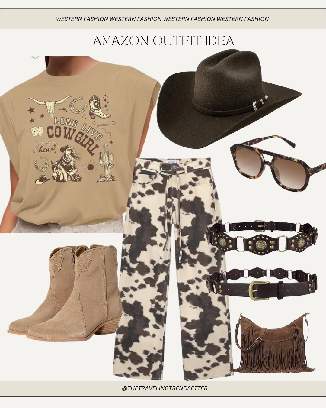 Western fashion country concert outfit idea - cow print jeans - cowgirl booties - boots - sunglasses - belts - fringe suede bag - cowboy hat 

#LTKFindsUnder50 #LTKFindsUnder100 #LTKStyleTip