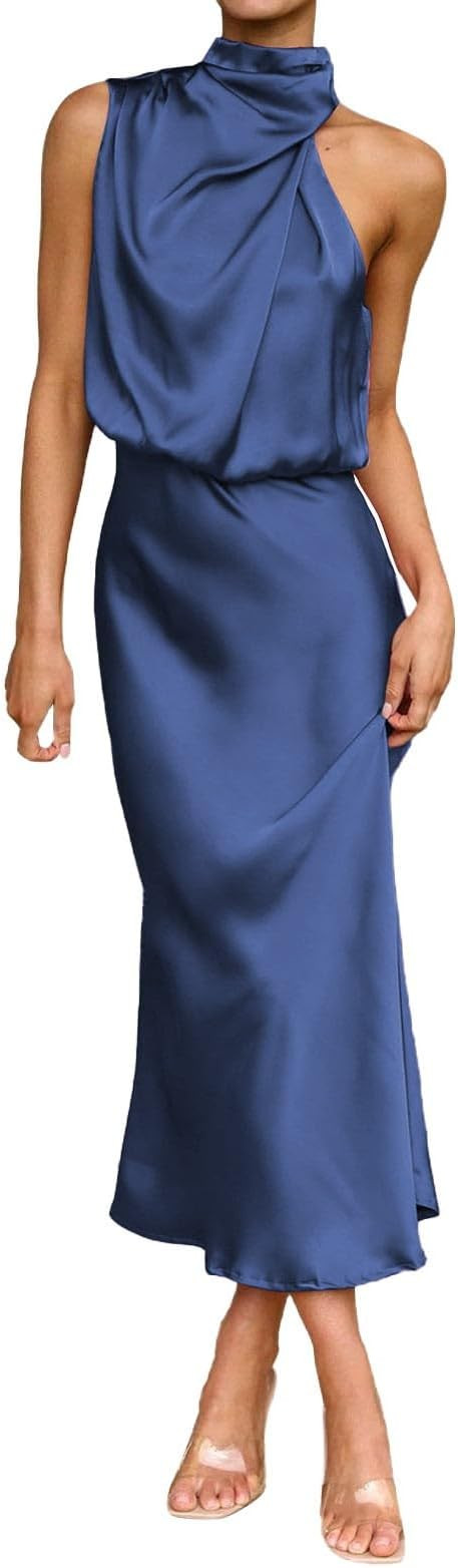 CAOQAO Women's 2025 Summer Satin Dress Elegant Sleeveless Mock Neck Cocktail Party Maxi Dresses(B... | Amazon (US)