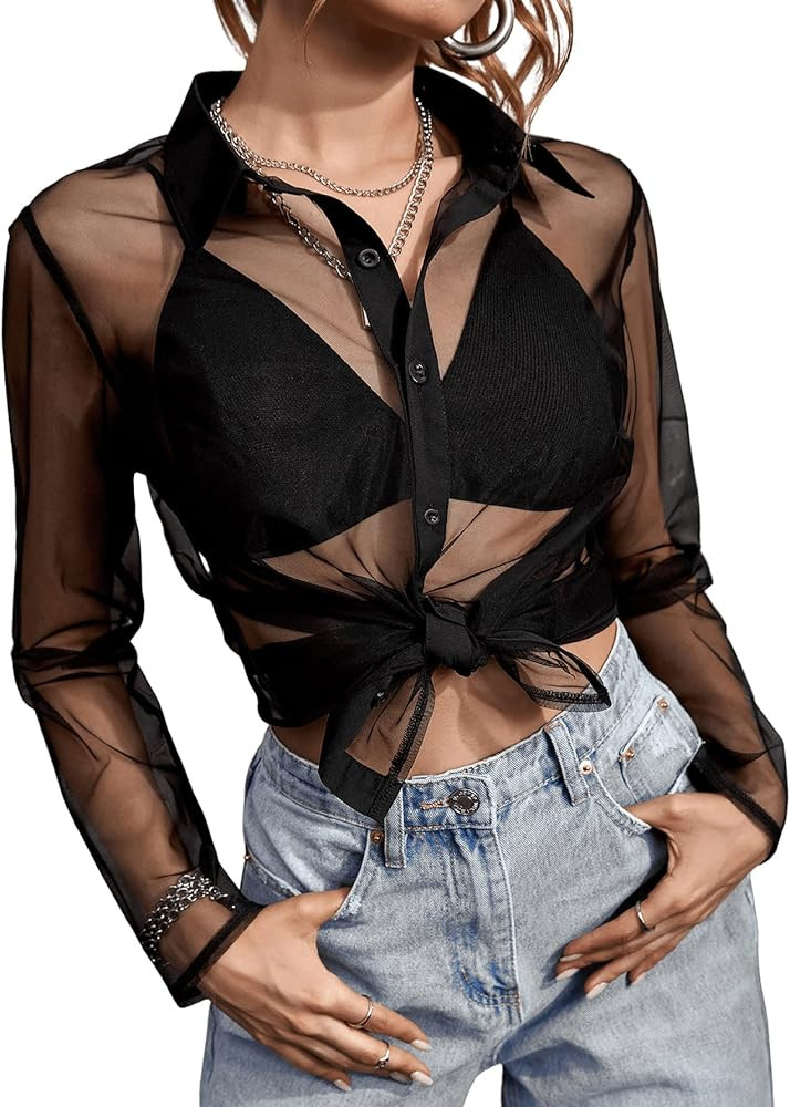 OYOANGLE Women's See Through Long Sleeve Button Front Collared Blouse Sheer Shirt | Amazon (US)