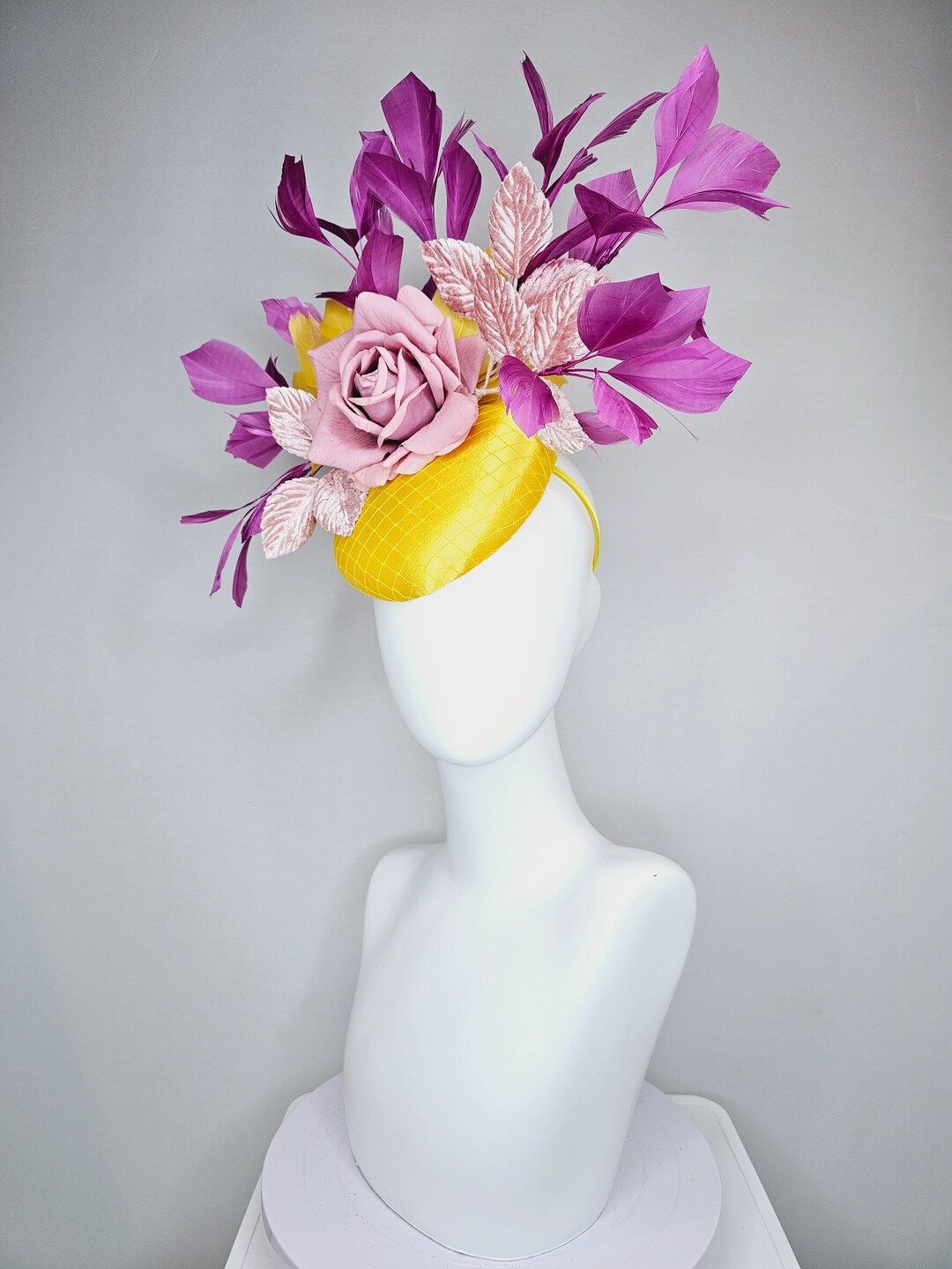 Kentucky Derby Hat Fascinator Yellow Satin Violet Feathers With Lavender Large Rose Flower - Etsy | Etsy (US)