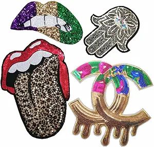 Fashion Sequin Patch Perfume Bottle/Lips/Letter Embroidery Cloth Patch Stickers Clothing Accessor... | Amazon (US)