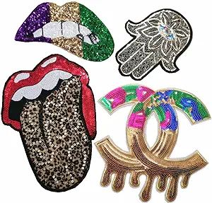 Fashion Sequin Patch Perfume Bottle/Lips/Letter Embroidery Cloth Patch Stickers Clothing Accessor... | Amazon (US)