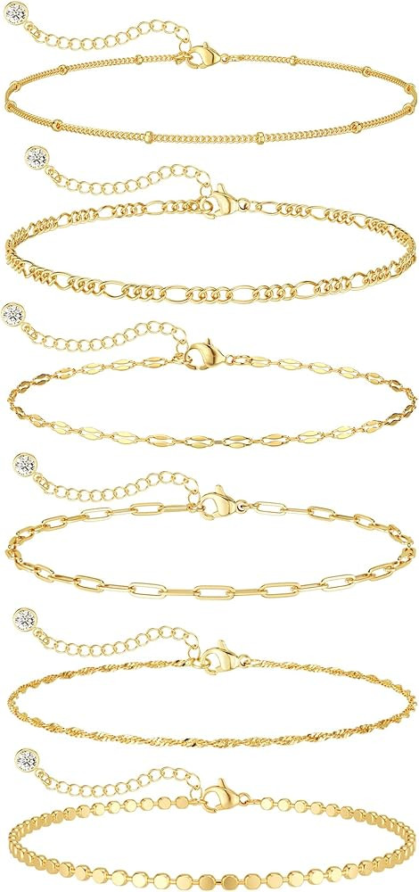 Tewiky Waterproof Gold Bracelets for Women Non Tarnish - Dainty Stack 14K Gold Plated/Sterling Si... | Amazon (US)