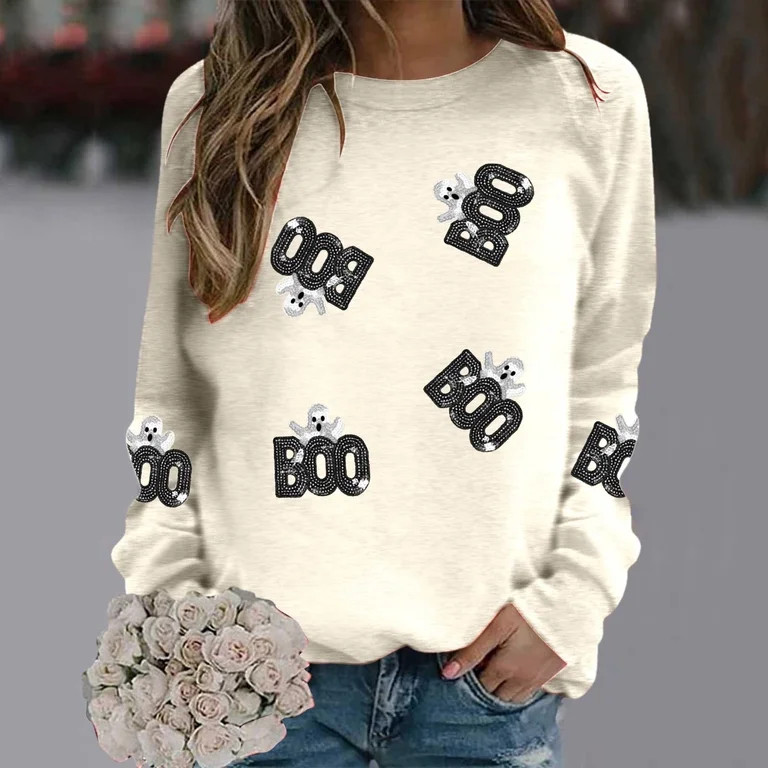 Boo Halloween Sweatshirts for Women 2025 Long Sleeve Crewneck Spooky Boo Ghost Graphic Sweatshirt... | Walmart (US)
