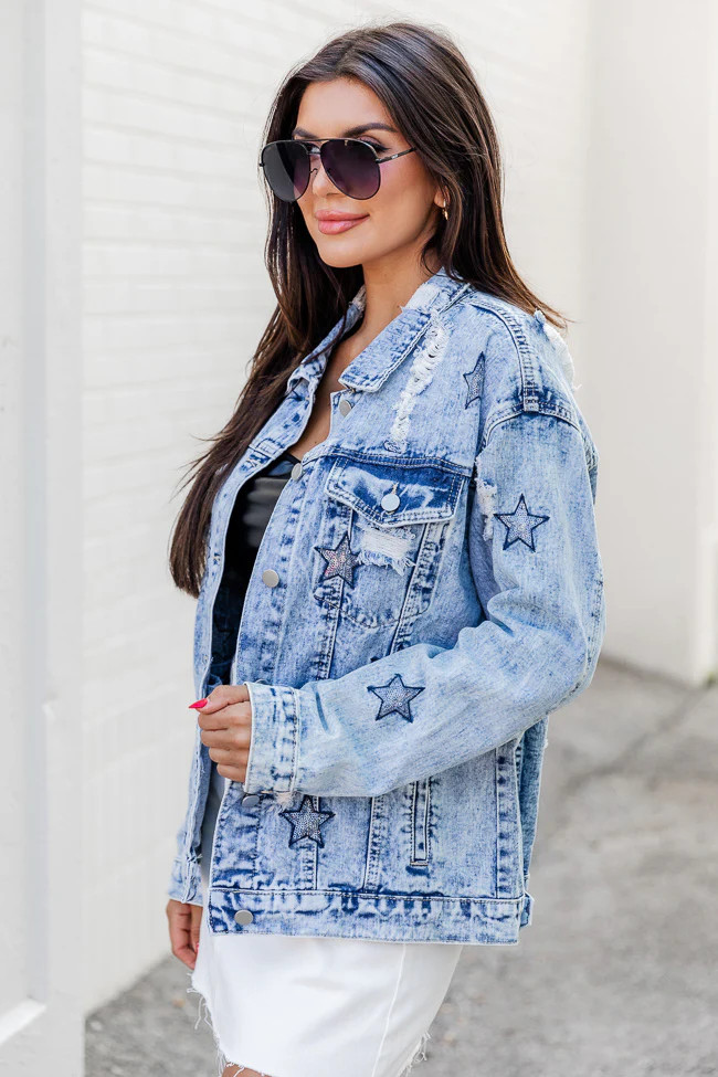 A Special Feeling Medium Wash Star Patch Denim Jacket | Pink Lily