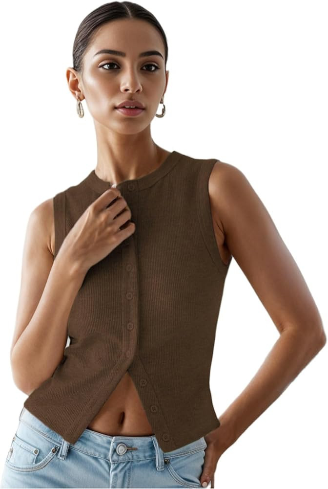 FIGKICKSEN Women’s Button Down Tank Tops Ribbed Summer Vest Button Up Open Front Sleeveless Sli... | Amazon (CA)