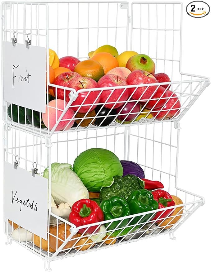 SUFAUY 2-PACK Stackable Wire Market Baskets Wall Mount, 2 Tier Fruit Vegetable or Produce Metal Stor | Amazon (US)