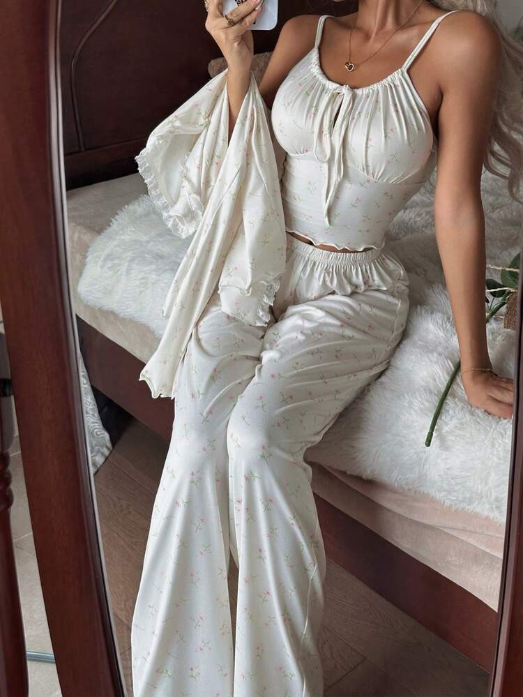 CottageSlumber 3pcs Romantic Floral Lace Bowknot Camisole Top & Pants & Robe Women Sleepwear Set, Fall & Winter Clothes | SHEIN