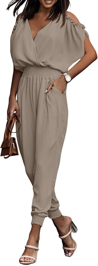 Dokotoo Jumpsuit for Womens Dressy Casual 2025 One Piece Romper Cold Shoulder Outfits for Summer | Amazon (US)