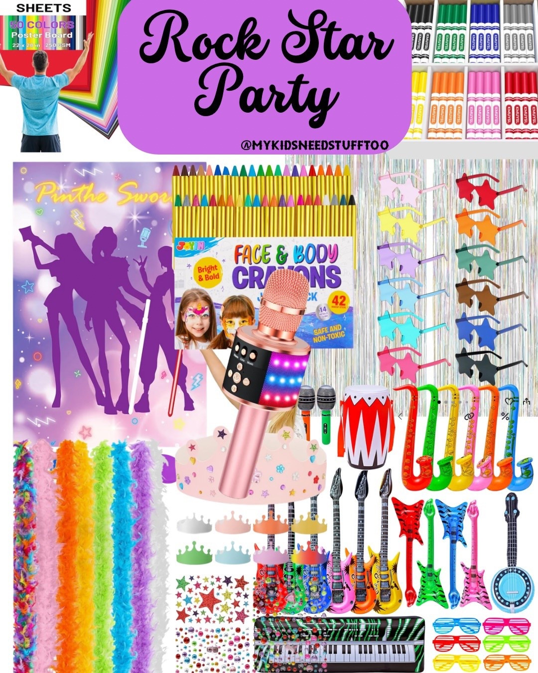 We’re having a rock star karaoke party so we gotta get the accessories.  Sunglasses, boas, microphones, make their own posters, face paint, guitars kpop pin the sword….and of course we will be playing musical chairs.  these kids will have a ball

#LTKU #LTKKids #LTKmomlife
