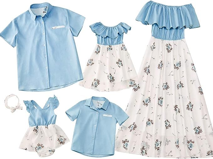 PopReal Family Matching Outfits Mommy and Me Dresses Floral Printed Men Boy Shirt Girl Romper | Amazon (US)