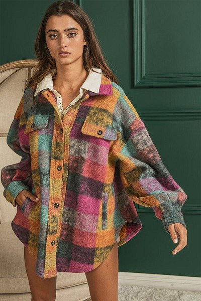 Oversized Button Up Check Plaid Shirt Jacket Shacket with Pockets-Lavender Multicolor | Fashion Junkee