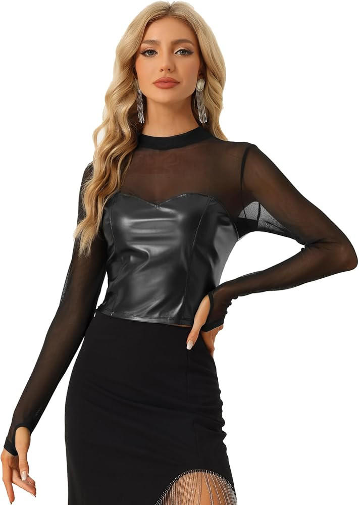 Allegra K Mock Neck Top for Women's Faux Leather Mesh Sheer Long Sleeve Corset | Amazon (US)