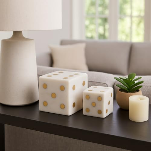 Decorative Marble Dice for Home Decor - Artistic Game Ornaments for Office Desk, Living Room Decor, or Coffee Table Accent - Modern Dice for Shelf Styling or Bathroom Decor - Set of 2, 4", 3", White | Amazon (US)
