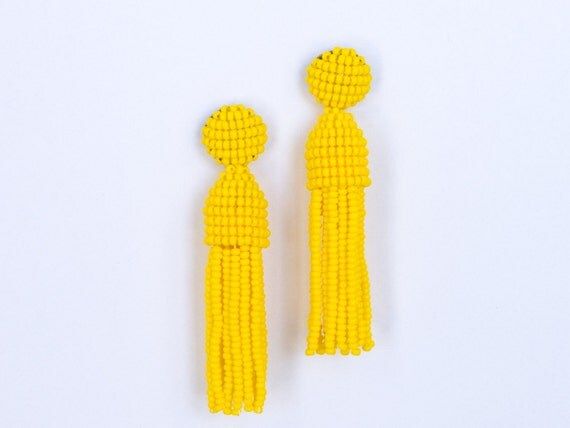 Bright yellow beaded short tassel stud earrings, silver plated studs, Oscar De La Renta style, high- | Etsy (US)