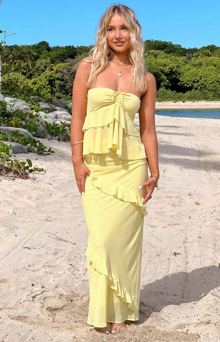 Raleigh Yellow Ruffle Maxi Skirt | Beginning Boutique (US)