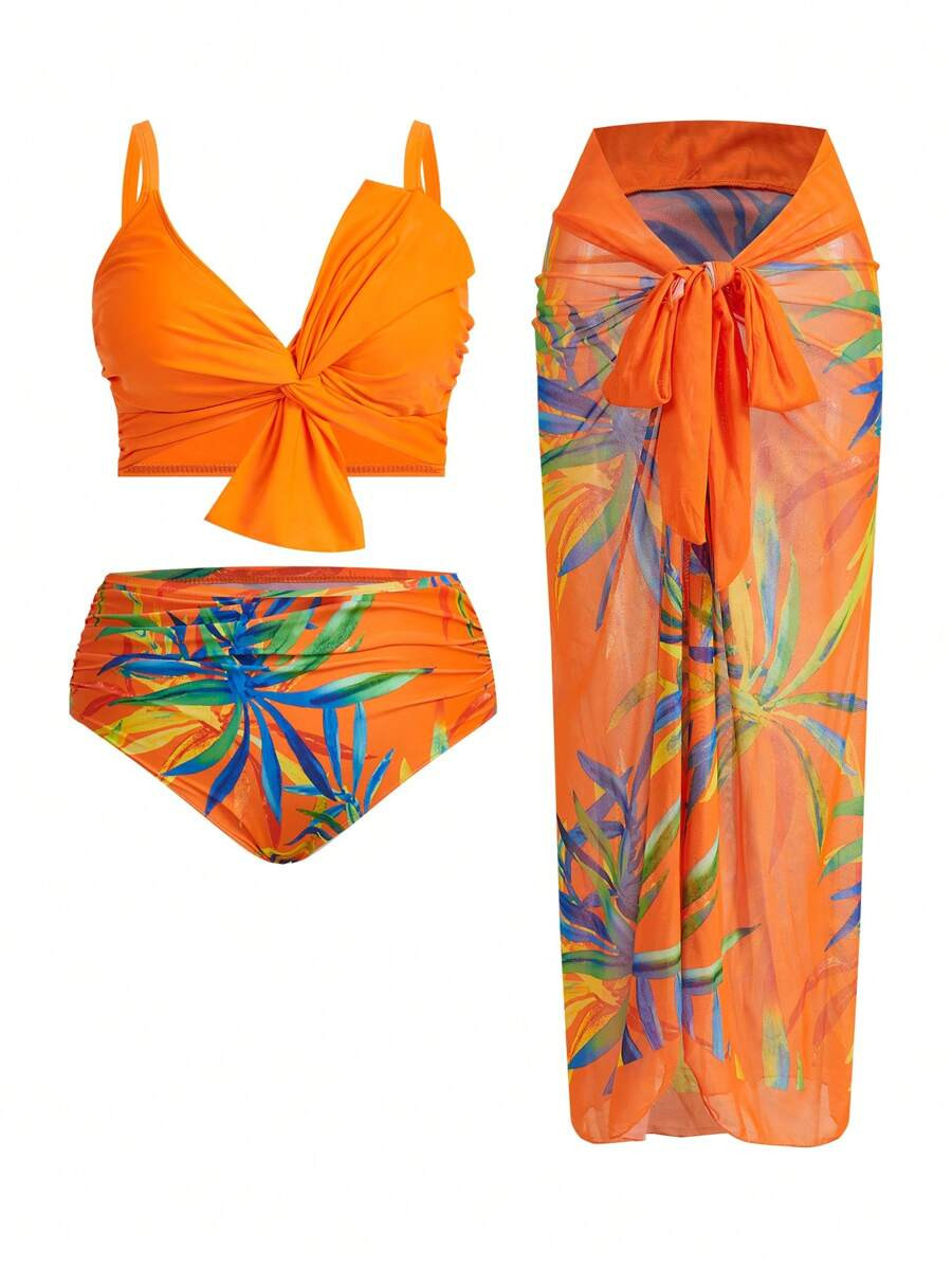 Swim Oasis 3pcs/Set Plus Size Women Holiday Bow Print Casual Swimwear Bikini Set & Skirt Beach Cl... | SHEIN