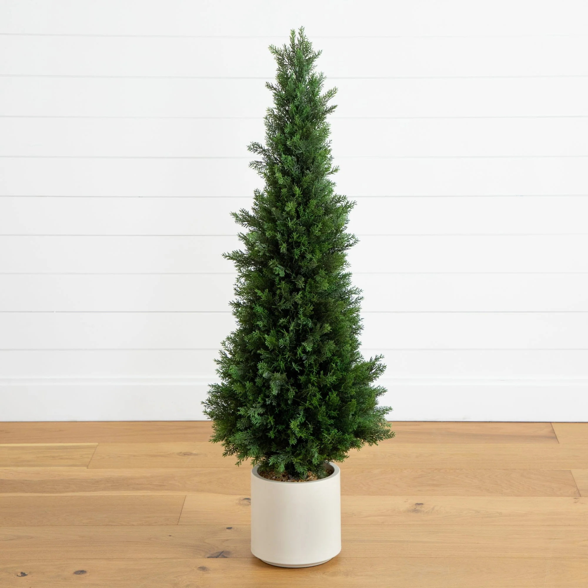 4’ UV Resistant Artificial Cedar Tree in Decorative White Planter (Indoor/Outdoor) | Nearly Nat... | Nearly Natural