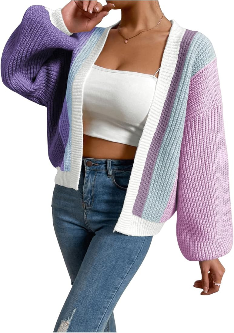 SHENHE Women's Color Block Open Front Long Sleeve Ribbed Knit Cropped Cardigan Sweaters | Amazon (US)