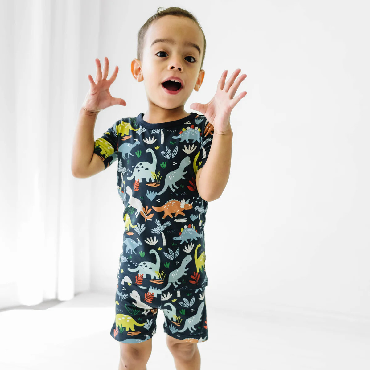Navy Jurassic Jungle Two-Piece Short Sleeve & Shorts Pajama Set | Little Sleepies