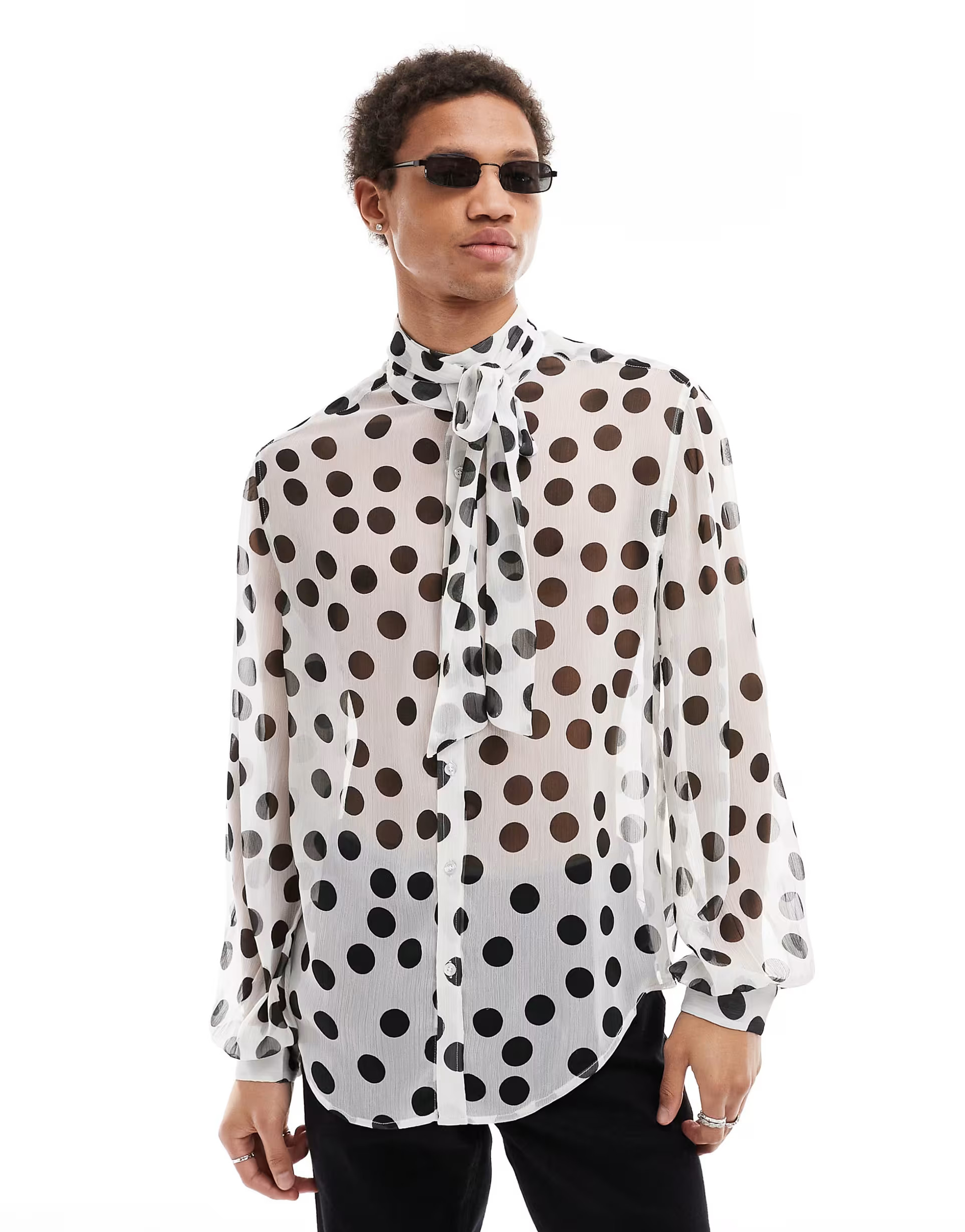 ASOS DESIGN relaxed polka dot shirt with tie neck in white and black | ASOS (Global)